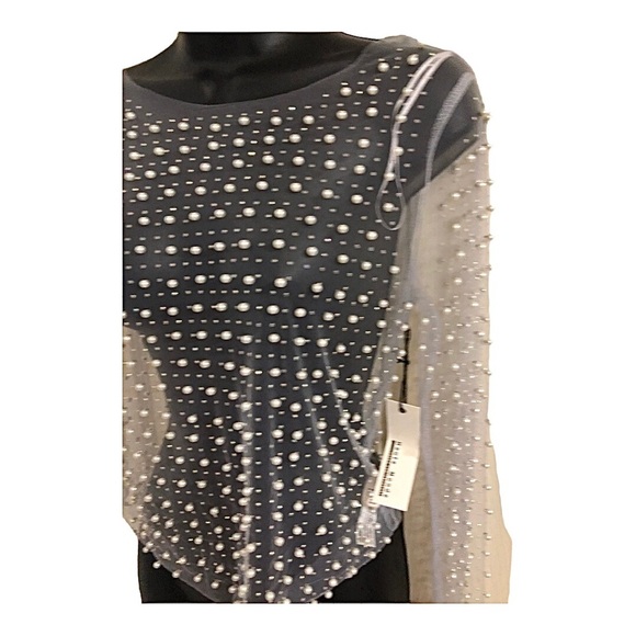 Cream Pearl Beaded rhinestone crystal sheer mesh long sleeve top size size Small - Picture 10 of 16